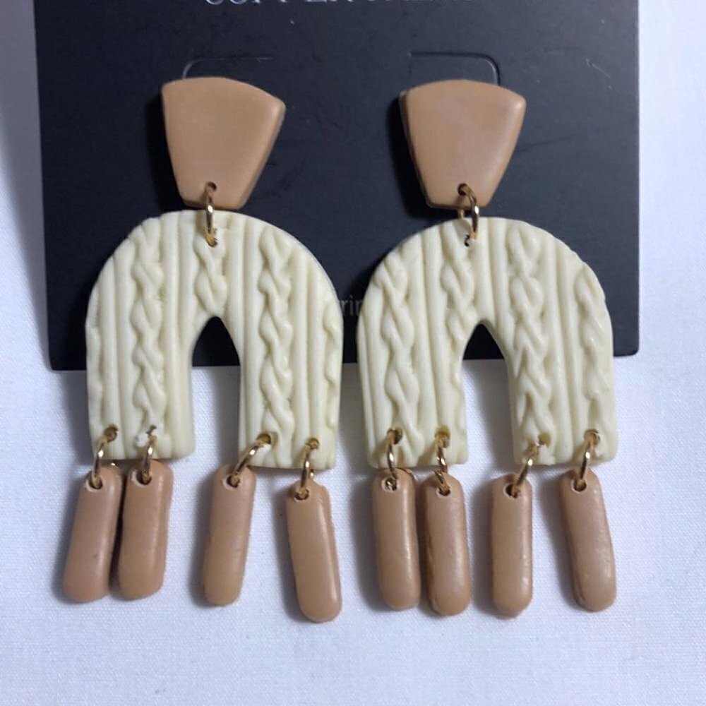 Polymer Clay Arch Dangle Earrings Tan Taupe Boho Statement NWT